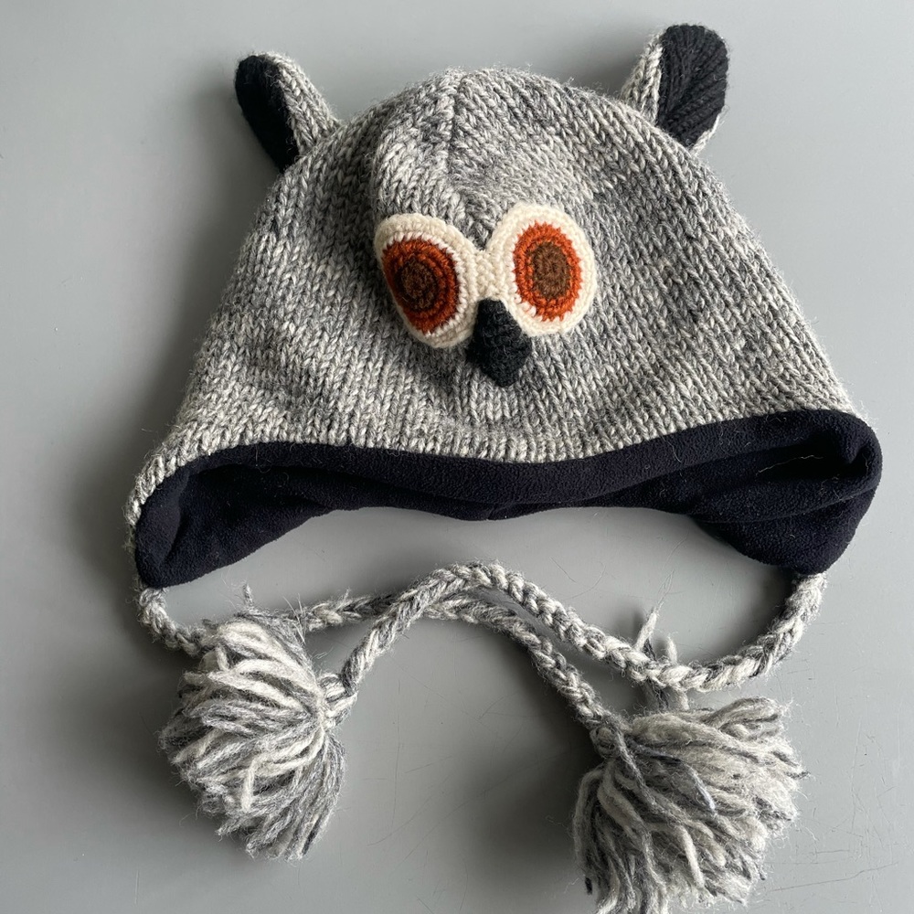 NWOT Owl Fleece lined Beanie + pom poms